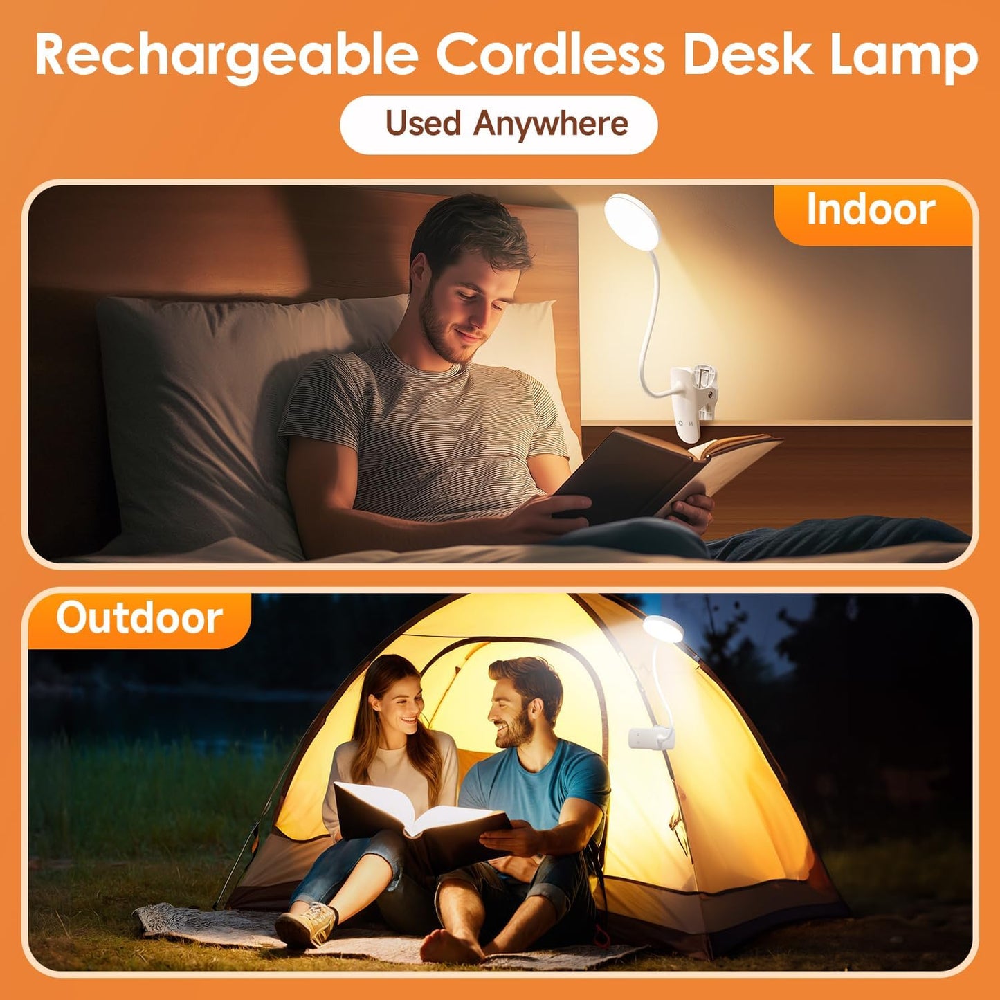 Mubarek Clip on Lamp,5 Brightness+5 Color Clip on Light,200LM 36 LED Reading Lights for Books in Bed,1800mAh Battery Powered Lamp Battery Operated Lights,Rechargeable Desk Lamp with Clamp Light