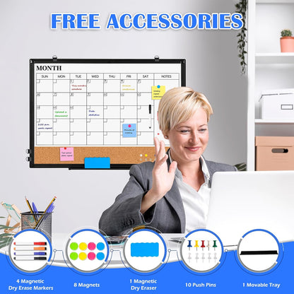 Weekly Dry Erase Calendar Whiteboard for Wall, 24" x 18" Double-Sided Weekly Planner White Board Cork Combo, Hanging & Wall Mount Week Bulletin Board with Notes for Home, Office, School, Kitchen