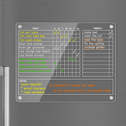 PigPotParty Acrylic Magnetic to Do List Whiteboard for Refrigerator, 12x9.5 Inch Clear Dry Erase Checklist Board, 3-Column Fridge List with Pre-Installed Embedded Magnet, 8 Markers and 1 Towel