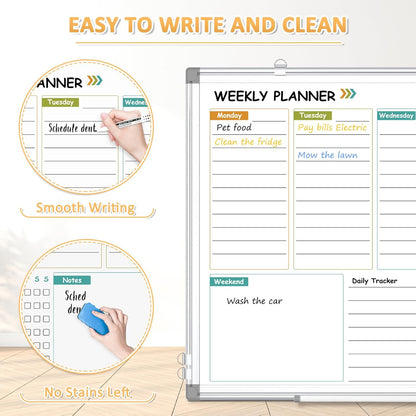 Weekly Calendar Dry Erase Whiteboard for Wall, 24"x18" Magnetic Weekly Planner White Board, Double Sided Hanging Daily Planning Board for Home, Office, School, Kitchen