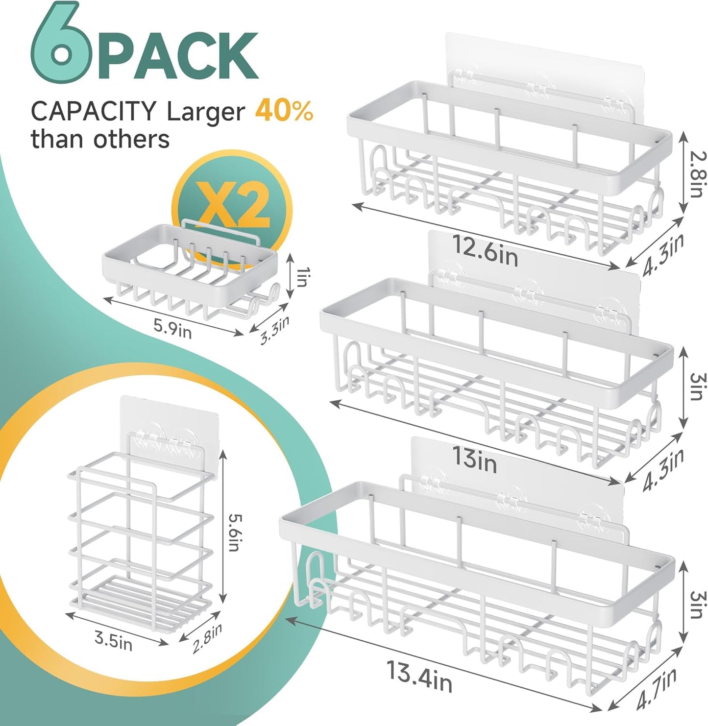 Veken Shower Caddy 6-Pack, Advanced Rustproof Design, No Drilling Adhesive Shelves, Rack with Soap Holder, Large Capacity Bathroom Organizers and Storage, Wall-Mounted Kitchen & Home Decor