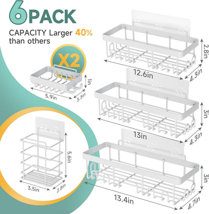 Veken Shower Caddy 6-Pack, Advanced Rustproof Design, No Drilling Adhesive Shelves, Rack with Soap Holder, Large Capacity Bathroom Organizers and Storage, Wall-Mounted Kitchen & Home Decor