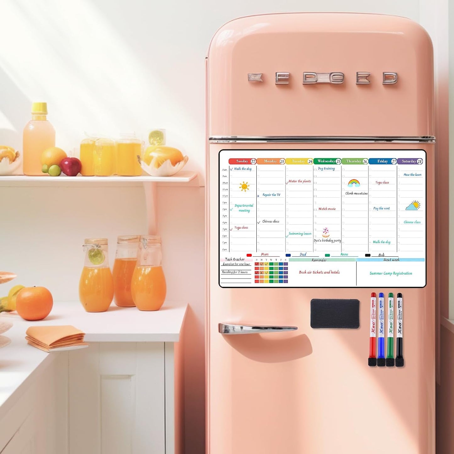 POPRUN Magnetic Fridge Calendar, 16.9"x11" Weekly Schedule Whiteboard, Dry Erase Board for Family Planning & Organization, Ideal for Home, School, Office