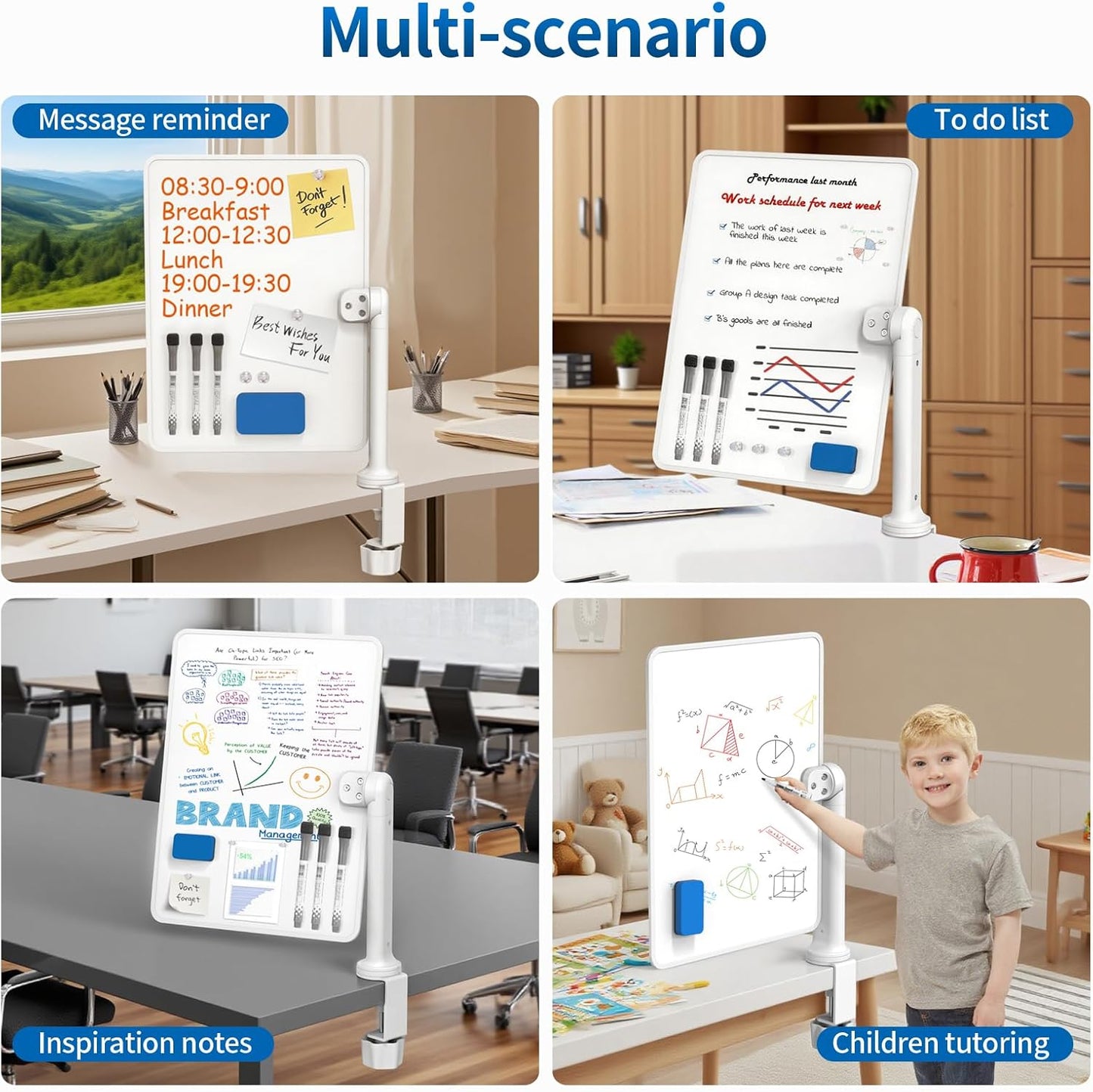 Double-Sided Clamp-On Desk Whiteboard, 360° Swivel Desktop Dry Erase Board for Office & Home Study, Fits Desks Under 2.3" Thick, Space Saving Memo Board (16" x 12") with Markers(1pc)