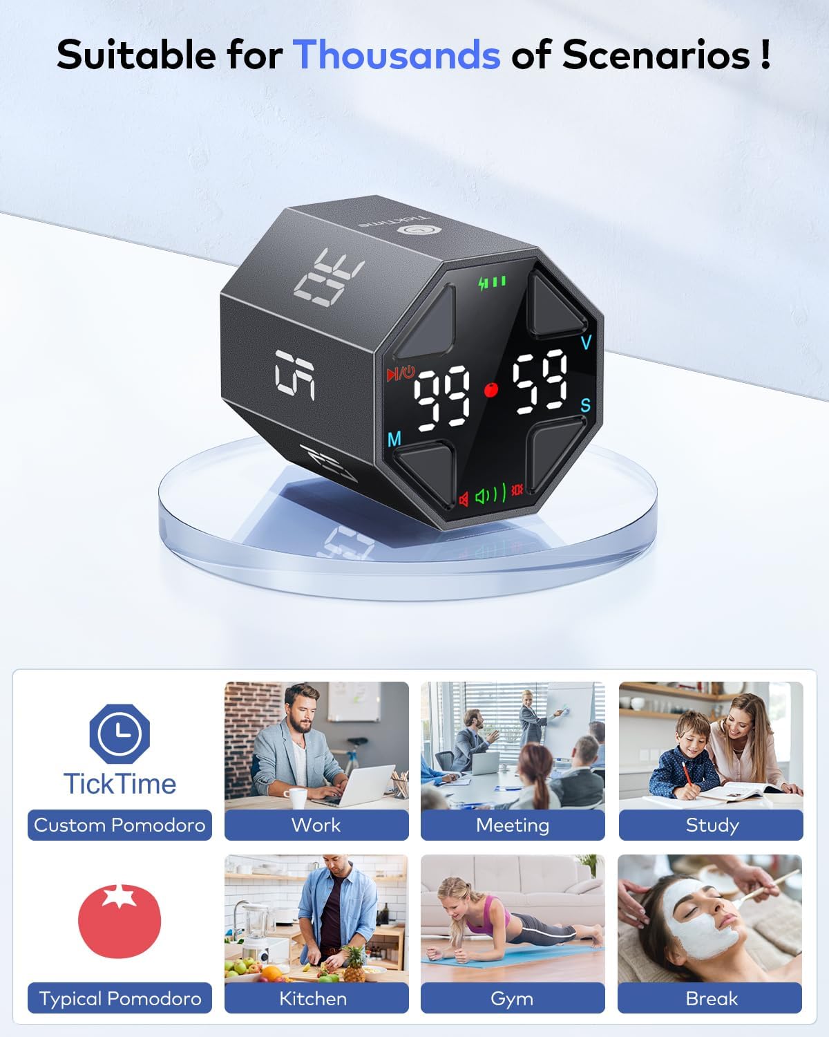 Ticktime Pomodoro Timer Cube, Custom Pomodoro, Pause & Resume, Silent, Vibrate & Adjustable Sound Alert, for ADHD, Task, Work, Study, 3/5/10/15/30/45/60min & Custom Countdown, Blue