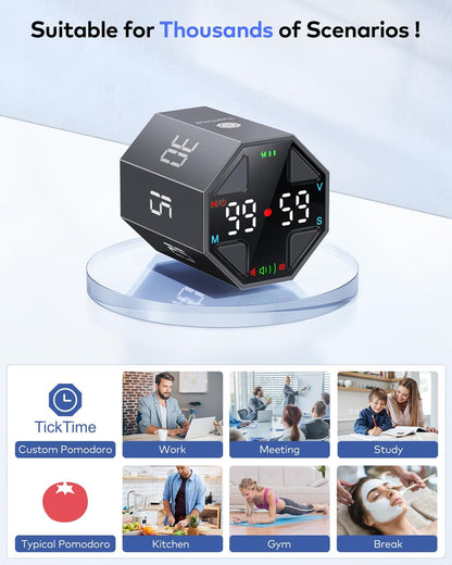 Ticktime Pomodoro Timer Cube, Custom Pomodoro, Pause & Resume, Silent, Vibrate & Adjustable Sound Alert, for ADHD, Task, Work, Study, 3/5/10/15/30/45/60min & Custom Countdown, Blue