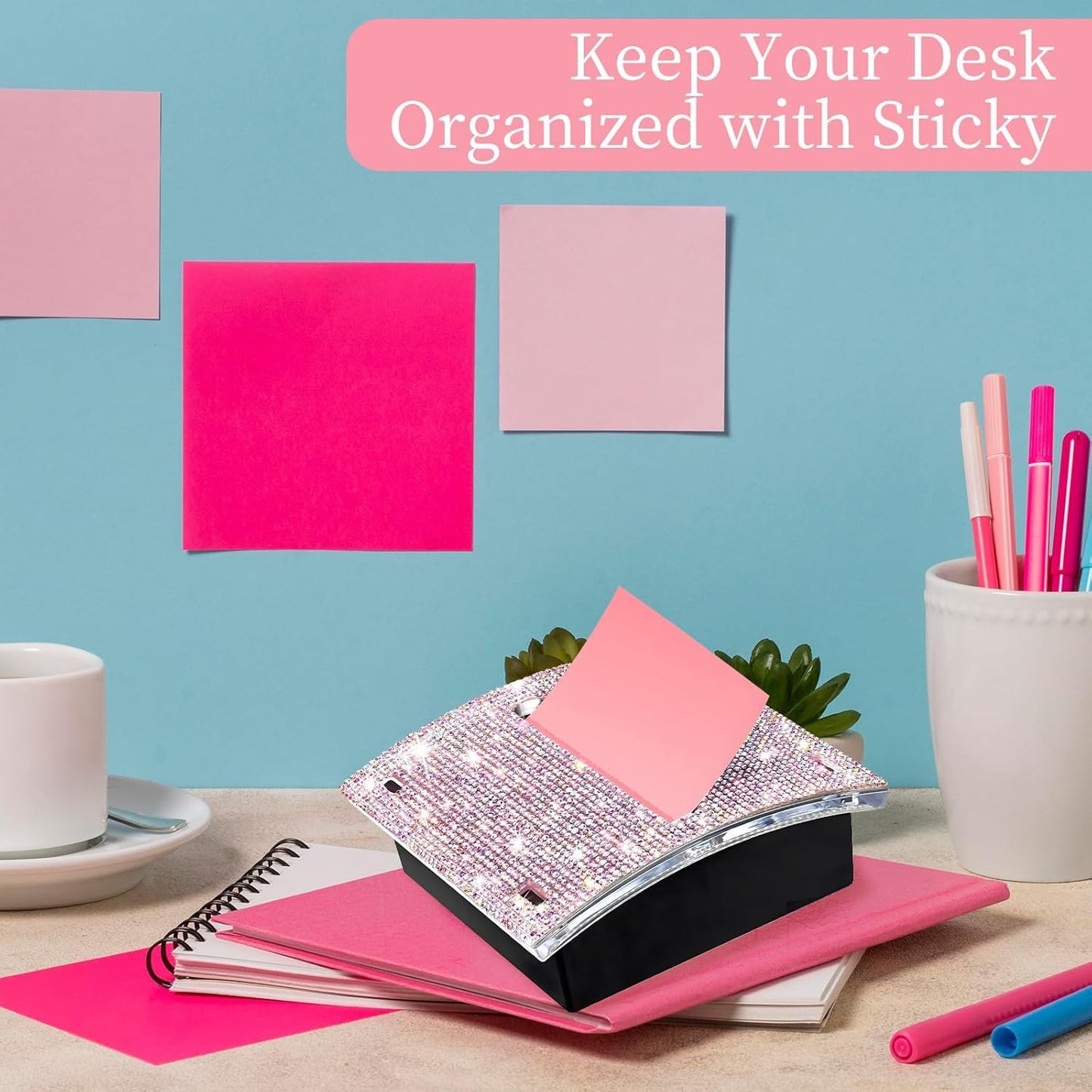 Rhinestone Self Sticky Note Holder Post it Note Dispenser Pop-Up Sticky Notes Dispenser 4 x 4 inch Post it Dispenser for Office Desk Accessories(Pink)