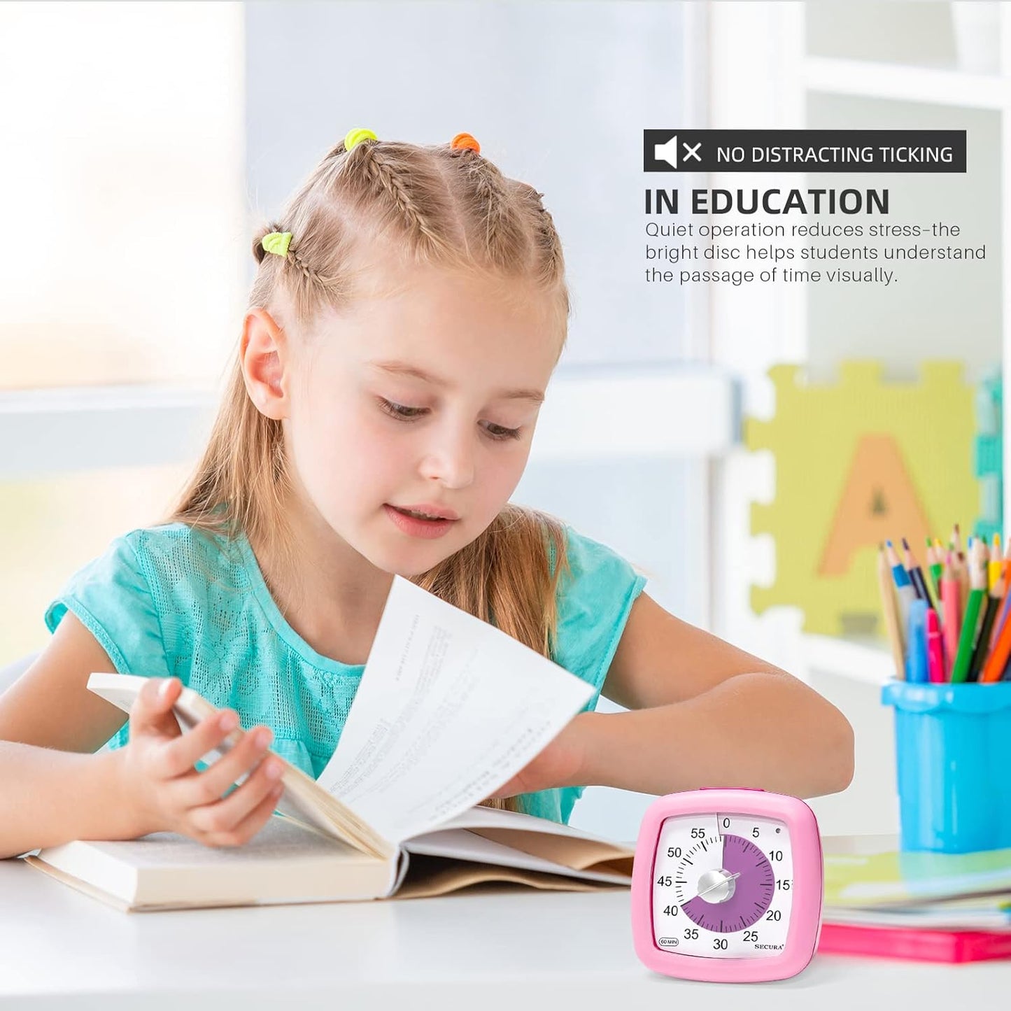 Secura 60-Minute Visual Timer, Silent Study Timer for Kids and Adults, Time Clocks, Time Management Countdown Timer for Teaching (Black & Cloud)