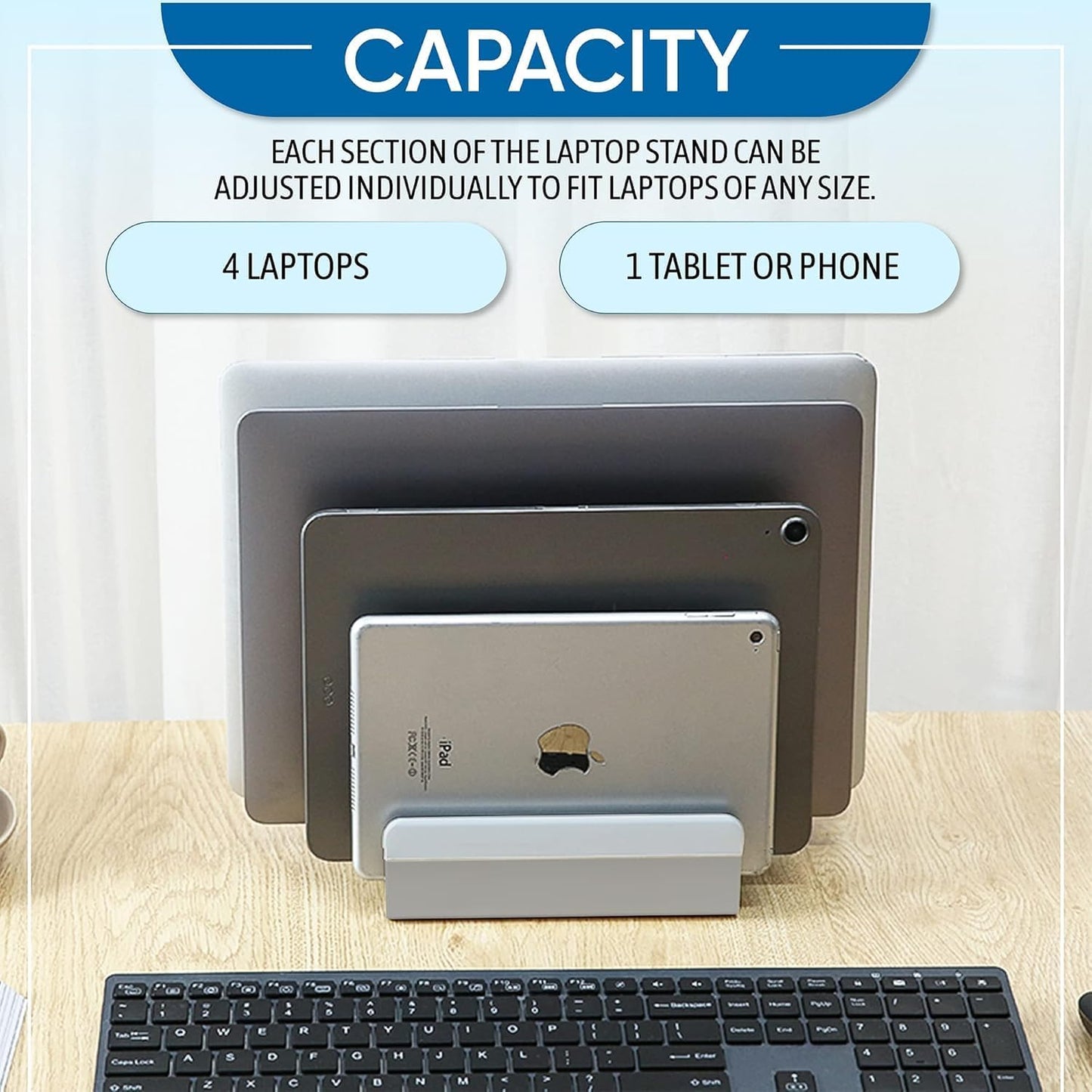 Elestoria 5- Slot Vertical Laptop Stand - Aluminum Laptop Stand Vertical for Desk - Adjustable Width (12-38mm) Fits MacBook Pro/Air, Surface & Gaming Laptops upto 17.3"-Heavy Duty Laptop Holder-Silver