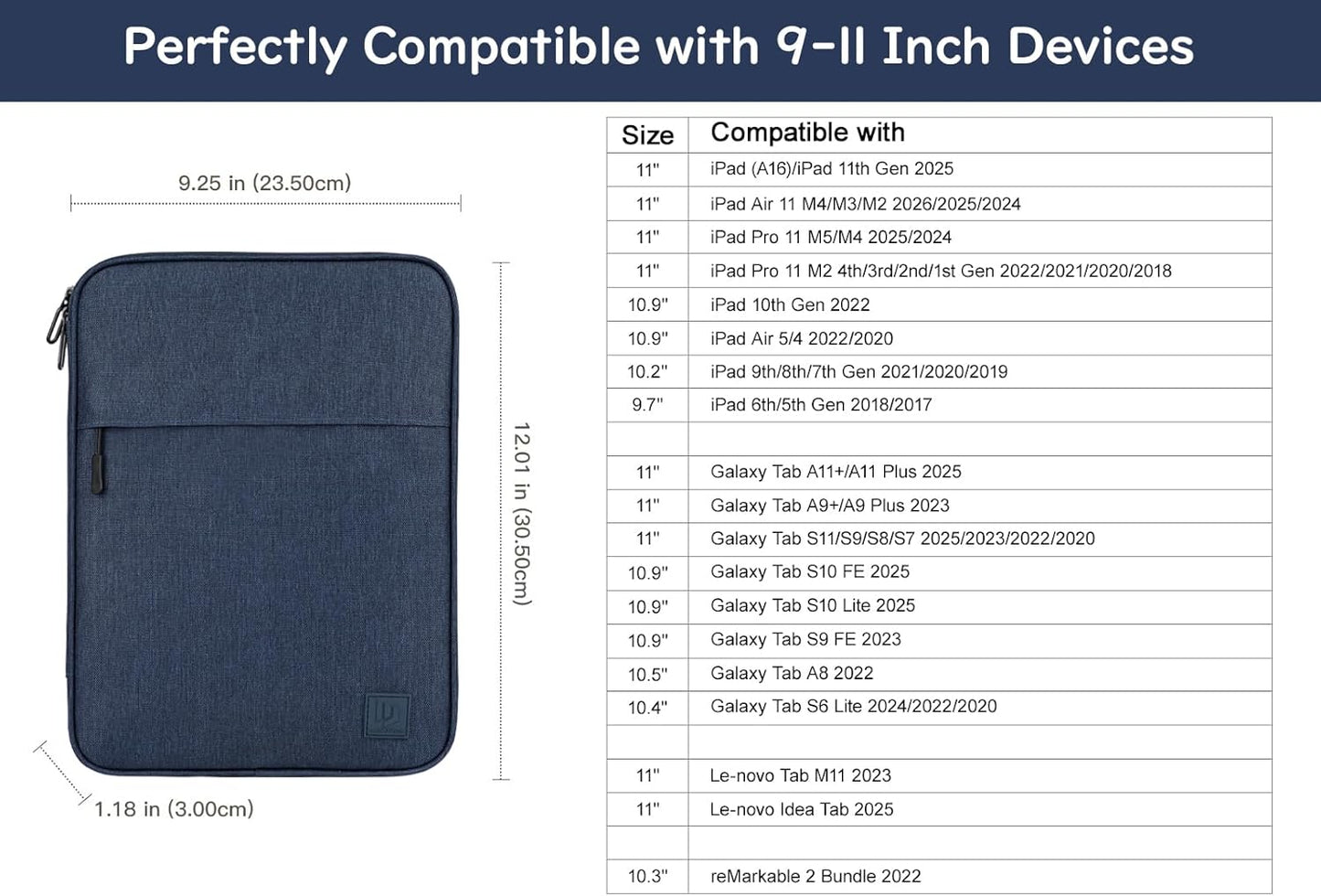 Dadanism 9-11 Inch Tablet Sleeve Padded Carrying Case for iPad (A16) 11th Gen 11", iPad 10th Gen 10.9", iPad Air M4/Pro M5 11", iPad Air 5/4, iPad 9/8/7th Gen, Galaxy Tab A11+ Plus 11", Blue