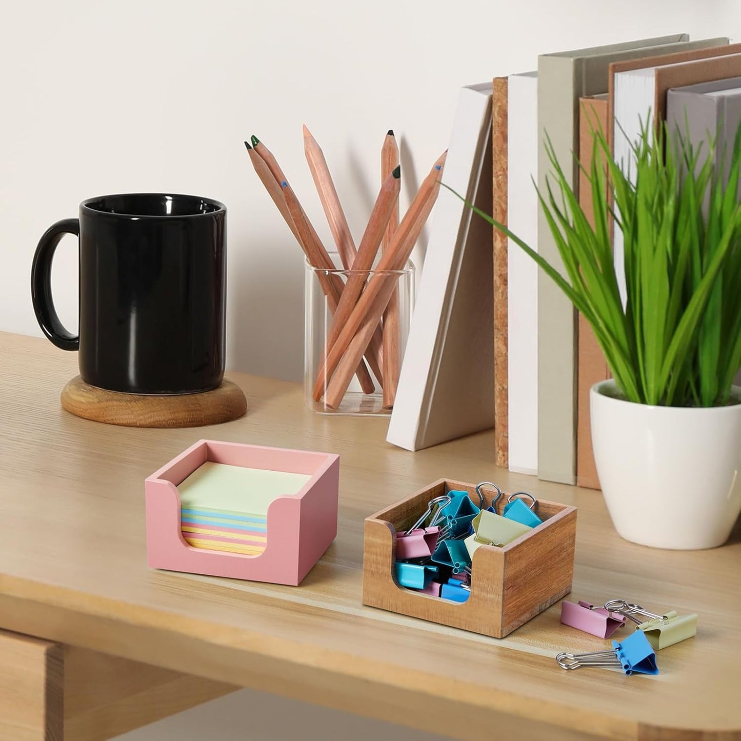 Bivvclaz Wood Sticky Note Holder, 3 x 3 Inch Post It Note Dispenser for Office Desk Accessories, Self Stick Note Pad Holder, Memo Pad Holder Dispenser Organizer for School Office Desk Supplies, Black