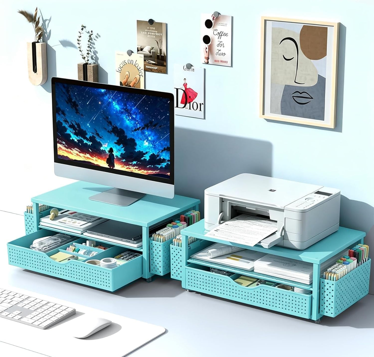 Spacrea Desk Organizer and Accessories, Computer Monitor Stand Riser with Drawer and 2 Pen Holders, Office Desk Accessories & Workspace Organizers for Office Supplies (Wood)