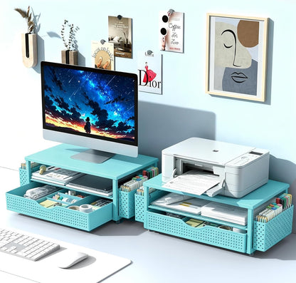 Spacrea Desk Organizer and Accessories, Computer Monitor Stand Riser with Drawer and 2 Pen Holders, Office Desk Accessories & Workspace Organizers for Office Supplies (Wood)