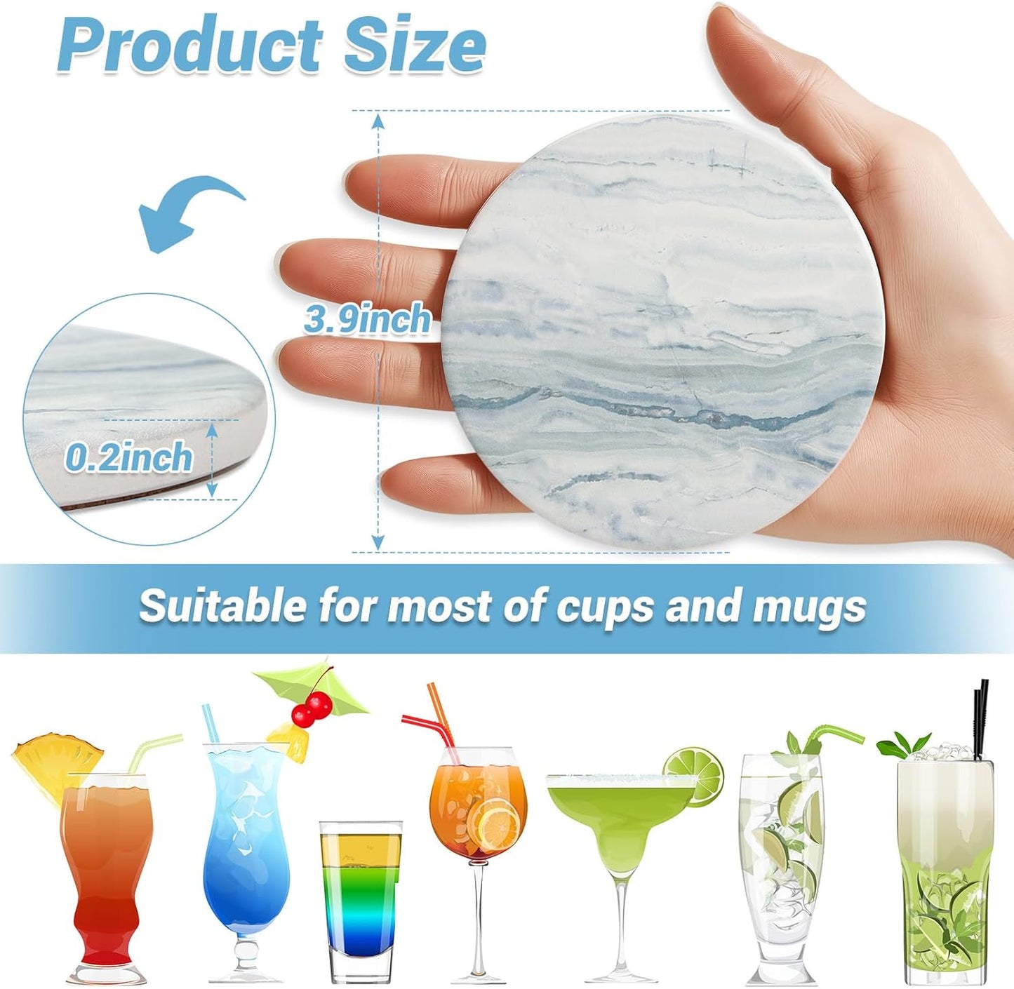 Acejoz Drink Coasters with Holder for Coffee Table, Absorbent Coaster Set of 6, Marble Style Ceramic Coaster for Wooden Table, Suitable for Kinds of Cups, Home Decor, 4 Inches