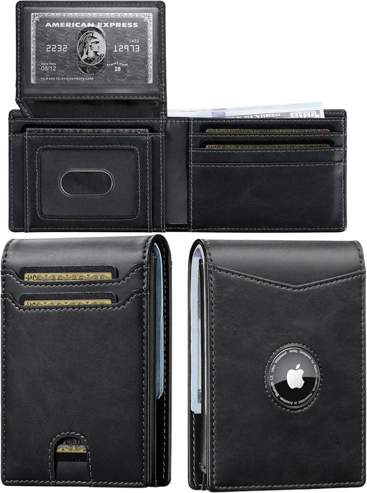 furid Slim AirTag Wallet for Men: RFID Blocking Leather Card Holder with AirTag Slot - Slim Minimalist Front Pocket Design with 2 ID Windows for Travel and Everyday Carry - Gifts for Him