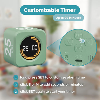 KADAMS Pomodoro Timer Visual - Productivity Pomodoro Cube, 5/10/25/50 Min Countdown & Countup, Silent – Ideal for Work Study Cook Workout Kitchen School Classroom Office ADHD Gift Kids (1, Black)