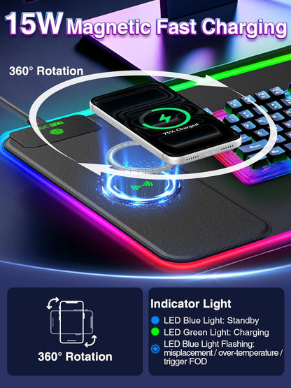 Wireless Charging Mouse Pad with Foldable Phone Holder, 31.5"x15.8" Large Desk Mat for Laptop/Keyboard, Waterproof Ultra-Smooth Surface, Non-Slip Base, Black