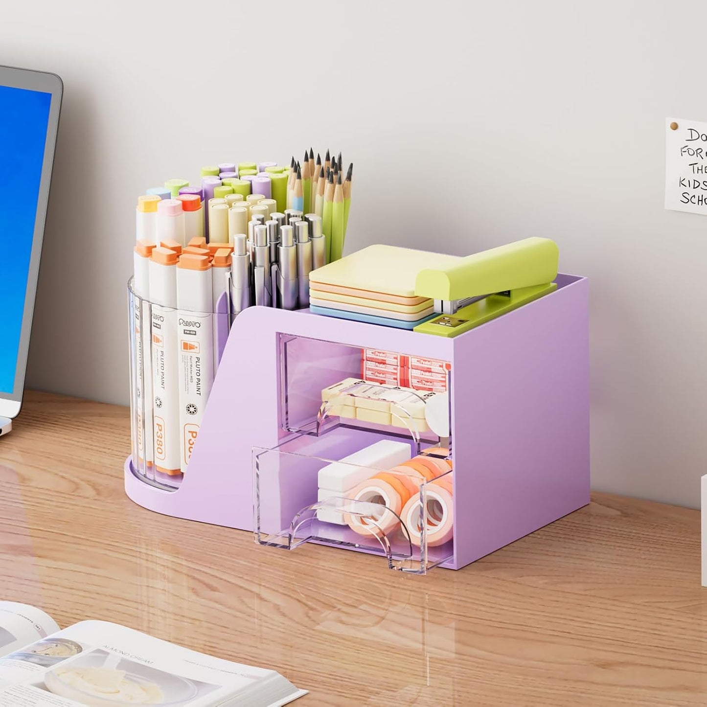 Marbrasse Desk Organizer with 2 Drawer, 360°Rotating Pen Holder, Desk Organizers and Accessories with 6 Slots Pencil Holder + 2 Drawer, Art Supply Storage Box Caddy for Office (Black)