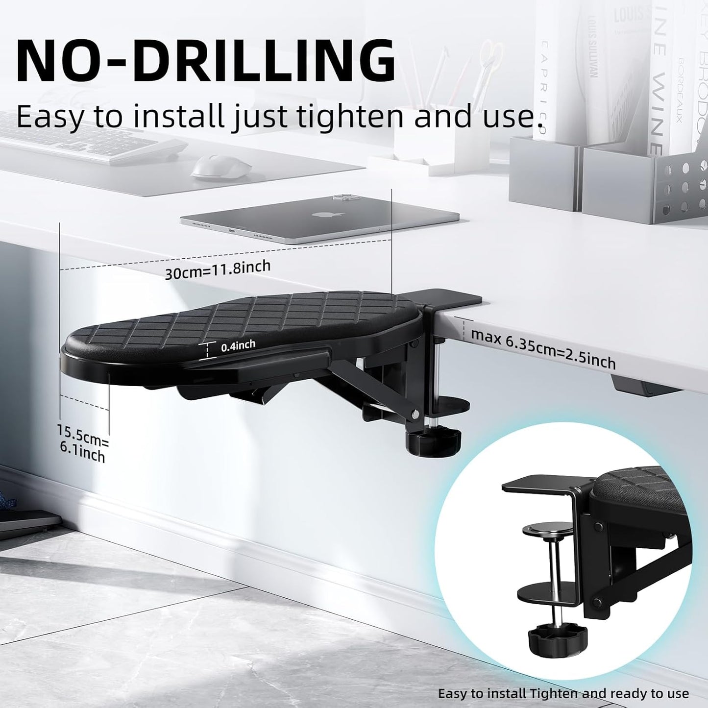 CABTE Ergonomics Desk Extender Tray, Table Mount Arm Wrist Rest Shelf, 180° Swivel Elbow Arm Support, Computer Desk Extender Tray for Home and Office (Black - Rotating)