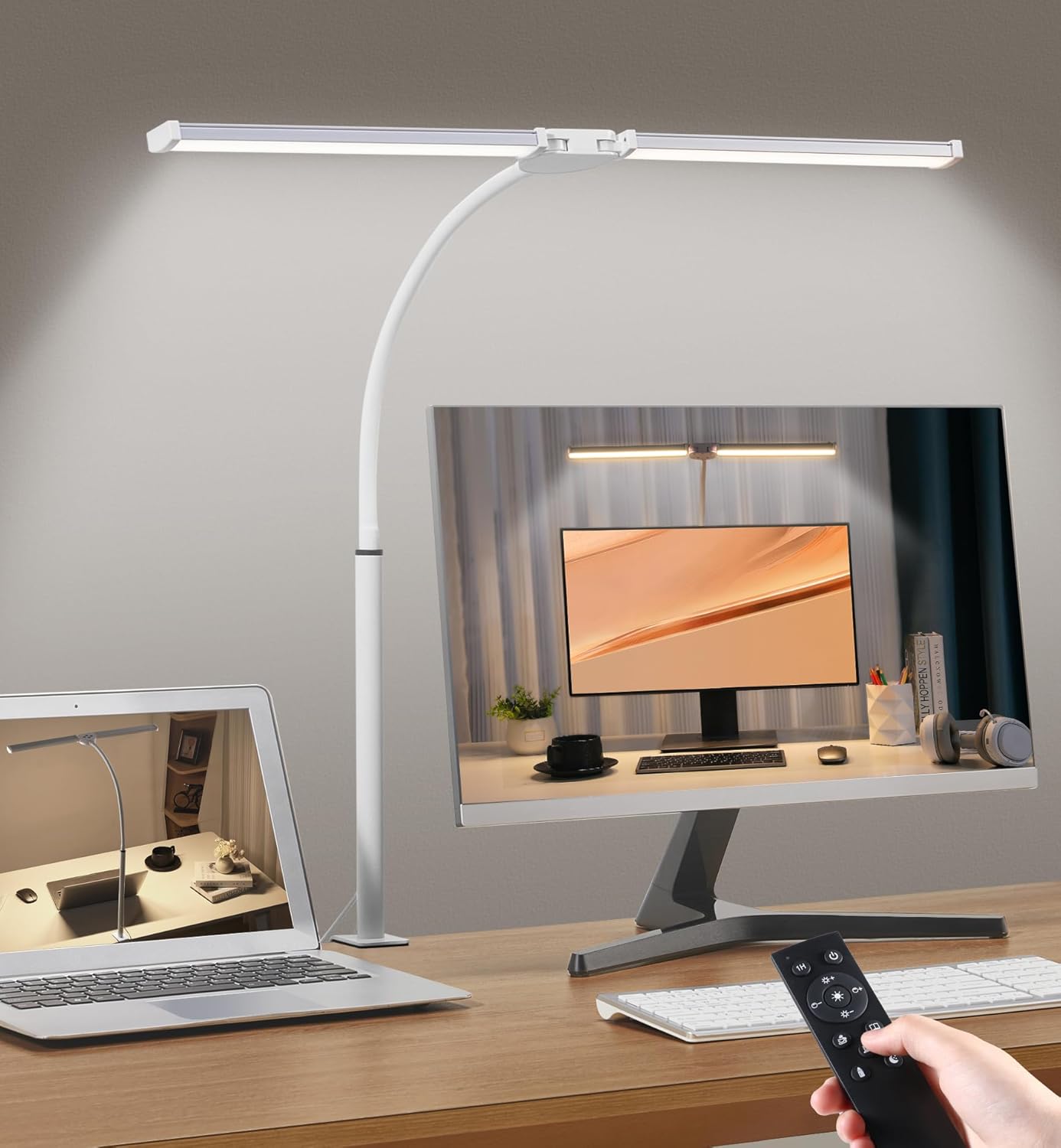 Motumen Led Desk Lamp for Home Office, Eye-Care Architect Light with Clamp, Smart Double Head Computer Monitor Table Clip Lamp, Adjustable Flexible Goose-Neck, 25 Lighting Models, Task Lamp, Black