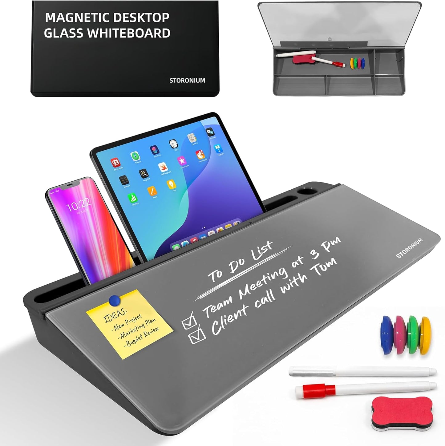 Glass Desktop Magnetic Whiteboard with Storage, Frosted Glass Dry Erase Board for Desk, Desk Organizer with Strong Magnets and Phone Stand for Home Office and School Supplies