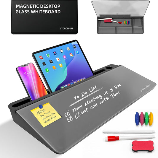 Glass Desktop Magnetic Whiteboard with Storage, Frosted Glass Dry Erase Board for Desk, Desk Organizer with Strong Magnets and Phone Stand for Home Office and School Supplies