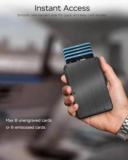RFID Wallet for Men with AirTag Holder - Brushed Aluminum Pop Up Card Holder, Slim Money Clip Wallet Fits Front Pocket with ID Window, Holds 11 Cards and Cash, Gift for Men