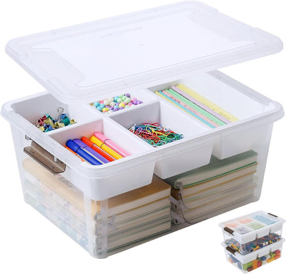 MACOPRO 17QT Craft Storage Box with 2 Removable Caddy Trays, Clear Stackable Plastic Organizer with Lid for Art Supplies, Beads, Sewing Tools, Pens & Kids Toys (White, 1Pack-2-in-1)