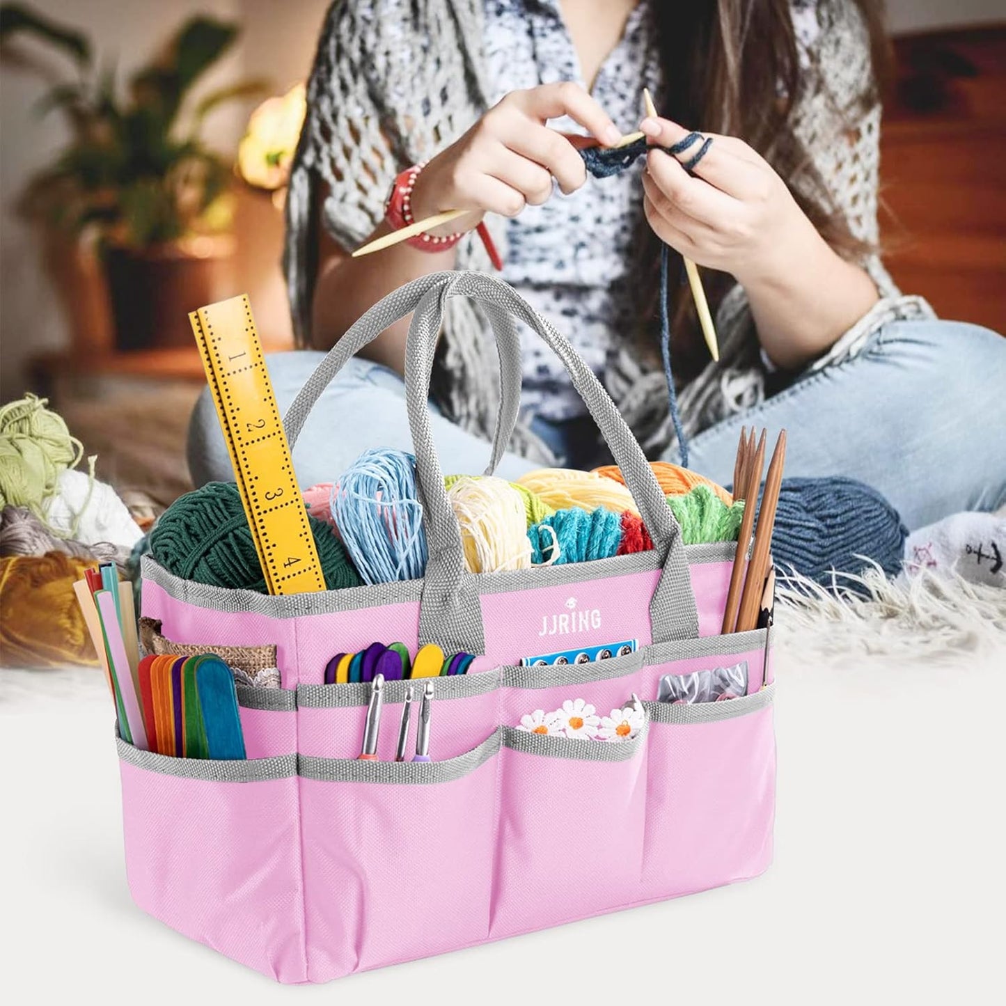 Jjring Craft and Art Organizer Tote Bag - 600D Silver Nylon Fabric Art Caddy with Pockets - for Art, Craft, Sewing, Medical, and Office Supplies Storage