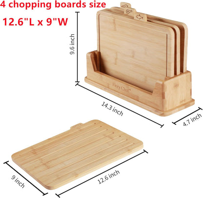 Fiery Chef 14.56"L x 11"W Bamboo Cutting Board Set of 4 - Wood Cutting Board Set with Holder, Chopping Boards Set with Food Icons, Juice Groove - Ideal for Meat, Fish, Bread, Vegetable, Fruit Chopping