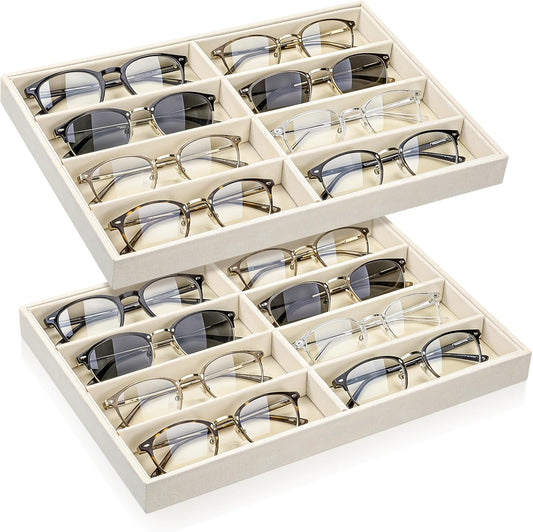 2 Pcs Sunglass Organizer Trays, Velvet Stackable Jewelry Trays Large Eyeglasses Display Jewelry Display Tray Sunglasses Storage Organizer for Men Women Glasses Watch Organizers(Beige)