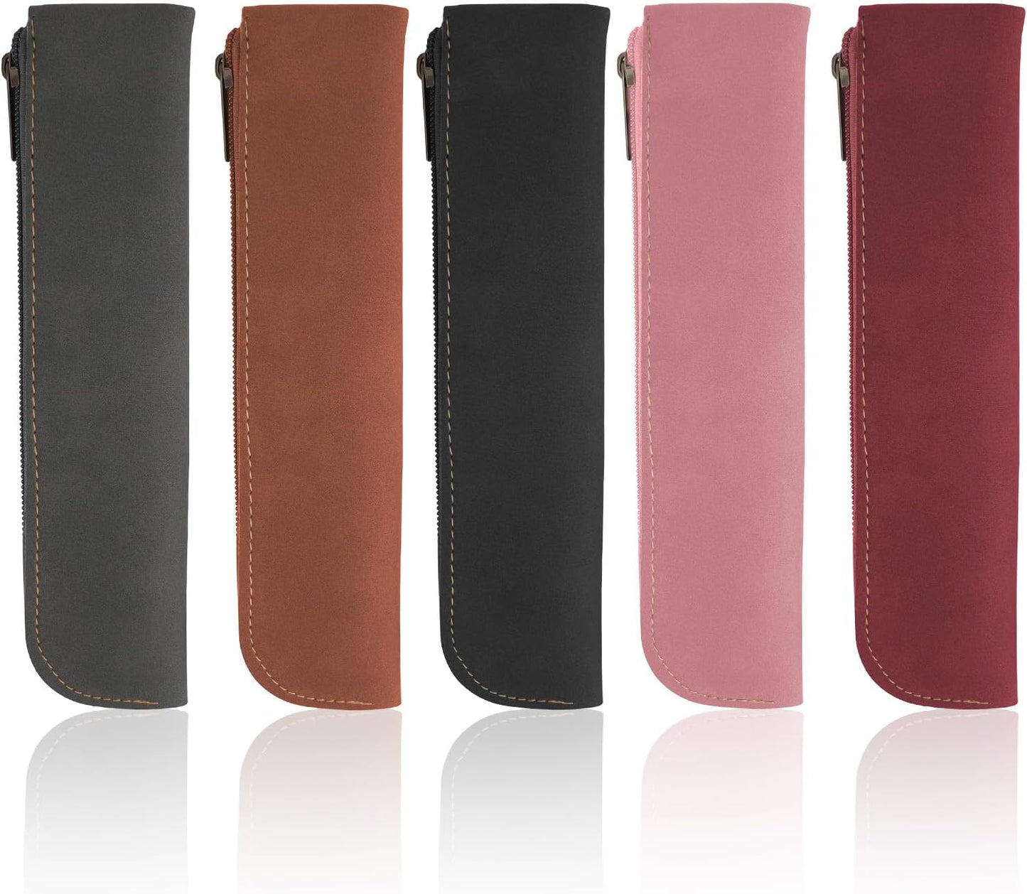 RETON 5 Pack Leather Small Pencil Pouch, Slim 5 Colors Pencil Pen Case with Zipper, Thin Soft Pencils Organizer Portable Cosmetic Bag Purse for Stationary Supplies, Women, Office, Travel