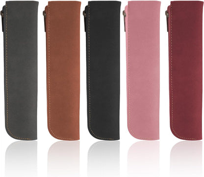 RETON 5 Pack Leather Small Pencil Pouch, Slim 5 Colors Pencil Pen Case with Zipper, Thin Soft Pencils Organizer Portable Cosmetic Bag Purse for Stationary Supplies, Women, Office, Travel