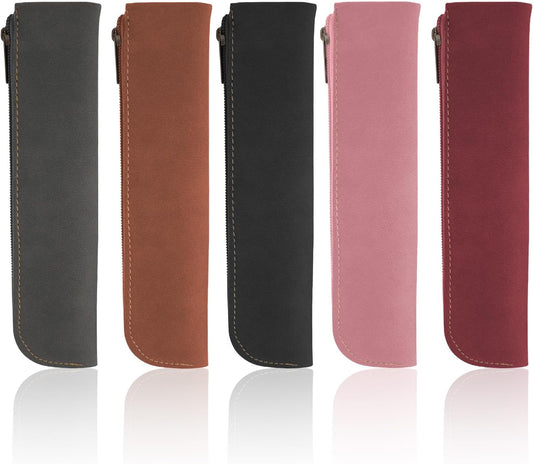 RETON 5 Pack Leather Small Pencil Pouch, Slim 5 Colors Pencil Pen Case with Zipper, Thin Soft Pencils Organizer Portable Cosmetic Bag Purse for Stationary Supplies, Women, Office, Travel
