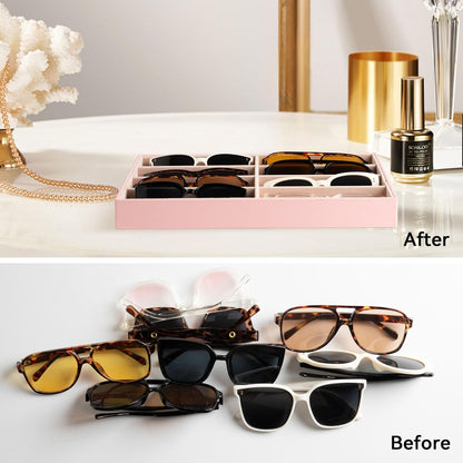 Frebeauty Sunglass Organizer,PU Leather Glasses Organizer,8-Slot Sunglasses Tray,Men's/Women's Sunglasses Box,Sunglass Case,13.3 x 9.6 x 1.5 Inches,Eyeglass/Eyewear Display Tray(Grey)