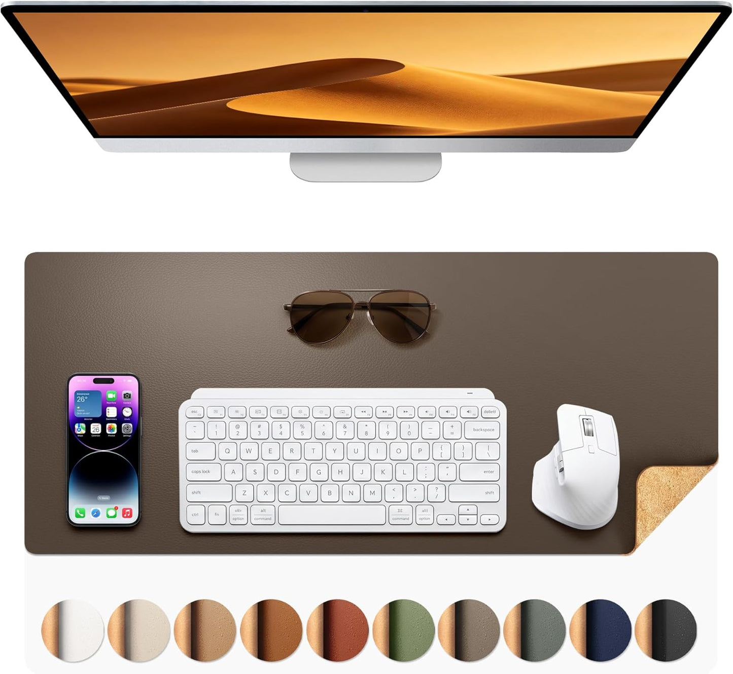 Aothia Dual-Sided Desk Pad - 25.6x13.7 inches Leather Desk Mat, Natural Cork Desk Pad Protector, Large Mouse Pad for Desk, Waterproof Desk Blotter Pad, Desk Writing Pad for Office Work/Home, Black