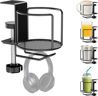 2-in-1 Desk Cup Holder with Headphone Hanger,Anti-Spill Table Water Bottle Holder,Clamp On Table Metal Drinking Holder,Compatible with Universal Cups/Bottles/Mugs/Cans/Tumblers/Thermoses/Glass,1Pack