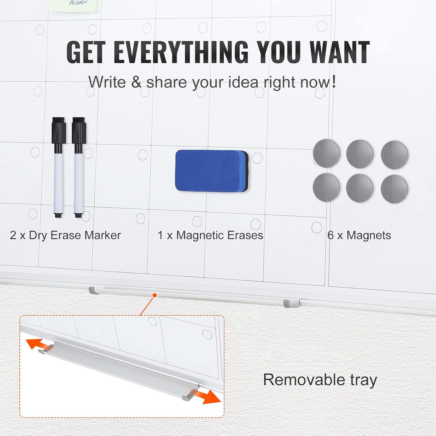 VEVOR Magnetic Glass Whiteboard, Dry Erase Board 36"x24", Wall-Mounted Large White Glassboard Frameless, with Marker Tray, an Eraser and 2 Markers, Black