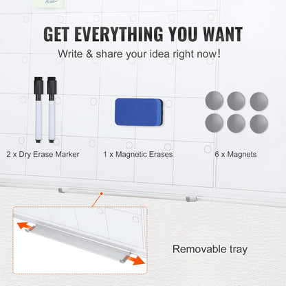 VEVOR Magnetic Glass Whiteboard, Dry Erase Board 36"x24", Wall-Mounted Large White Glassboard Frameless, with Marker Tray, an Eraser and 2 Markers, Black