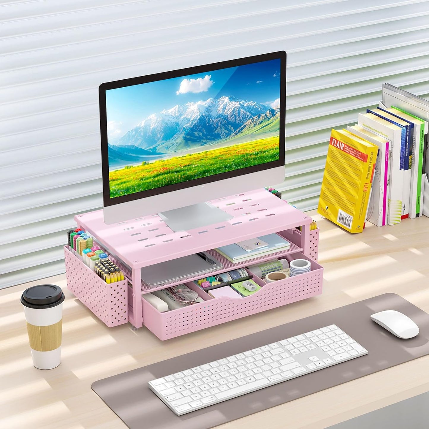 gianotter Monitor Stand Riser, Office Desk Shelf Organizer, Desk Organizer with Drawer and Pen Holder, 2-Tier Computer Stand, Office Organization (Ink)