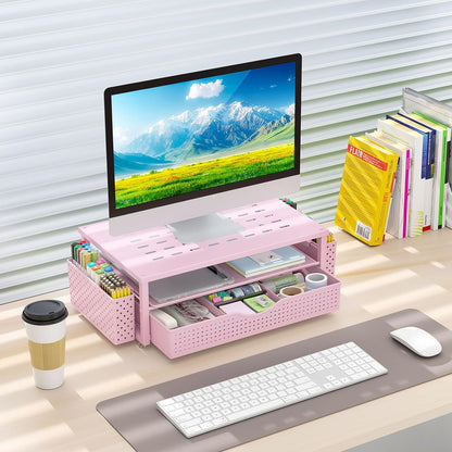 gianotter Monitor Stand Riser, Office Desk Shelf Organizer, Desk Organizer with Drawer and Pen Holder, 2-Tier Computer Stand, Office Organization (Ink)