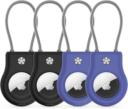 Air Tag Holder - (4 Pack) Air tag Lock Keychain with Wire Cable Compatible with Apple AirTag,Ultra Durable Anti-Lost Protective Case with Keyring for Luggage, Key, Backpack, Pet, Bag, Black