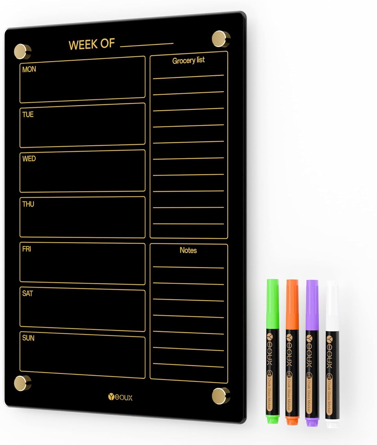 Glass Golden Weekly Dry Erase Calendar & Menu Whiteboard for Wall, Meal Planning & Grocery Shopping List White Board for Kitchen, 15x11, 7 Days Planner for Home, 4 Wet Erase Markers Included, Yeoux*