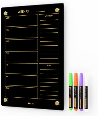 Glass Golden Weekly Dry Erase Calendar & Menu Whiteboard for Wall, Meal Planning & Grocery Shopping List White Board for Kitchen, 15x11, 7 Days Planner for Home, 4 Wet Erase Markers Included, Yeoux*