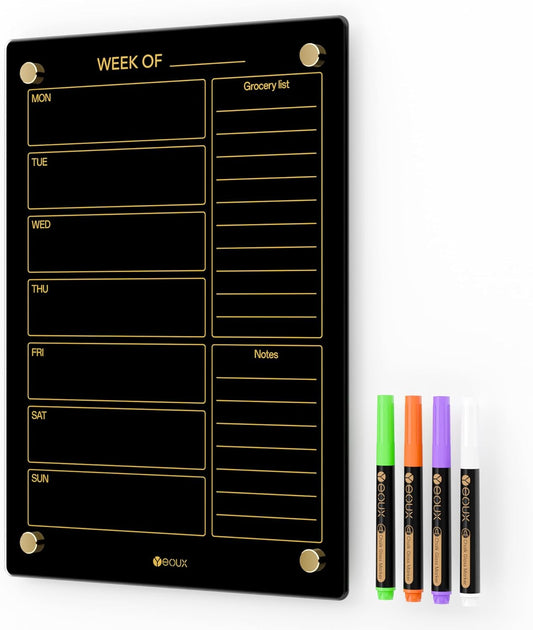 Glass Golden Weekly Dry Erase Calendar & Menu Whiteboard for Wall, Meal Planning & Grocery Shopping List White Board for Kitchen, 15x11, 7 Days Planner for Home, 4 Wet Erase Markers Included, Yeoux*