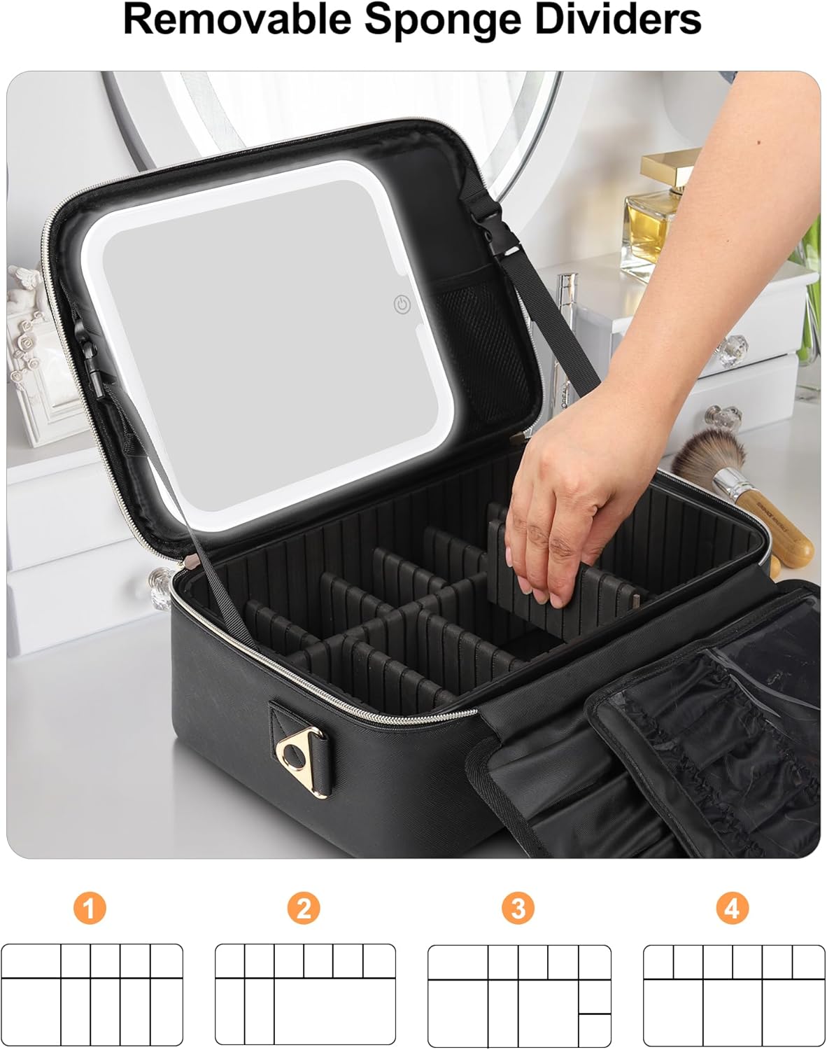 Relavel Travel Makeup Bag With LED Mirror, Cosmetic Train Case with Light up Mirror, Portable Makeup Artist Organizer Bag with Adjustable Dividers, Makeup Brush Holder Storage, Black
