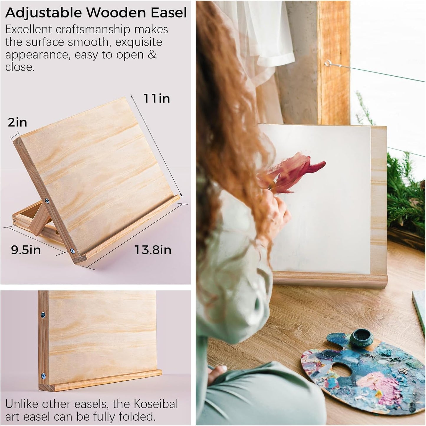 koseibal Art Easel for Painting, Tabletop Wooden Easel Stand，Adjustable Angle Portable Easel for Canvas, Ipad, Book, Artwords Display （2 Pack）