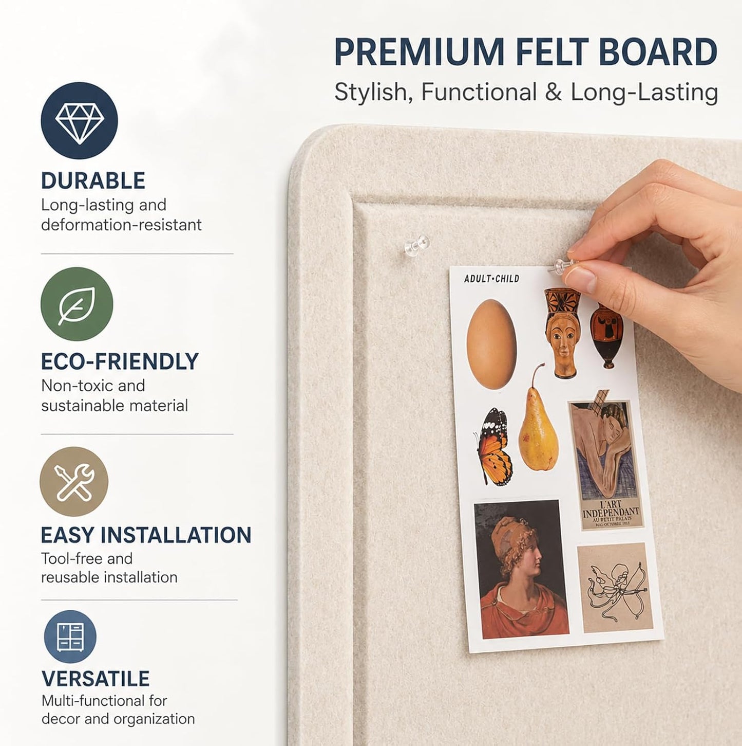 Large Felt Bulletin Board for Wall, 24"x18" Frameless Picture Board, Soft Felt Cork Board for Office, Home Planning & Office Wall Decor, Easy Install Pin Board
