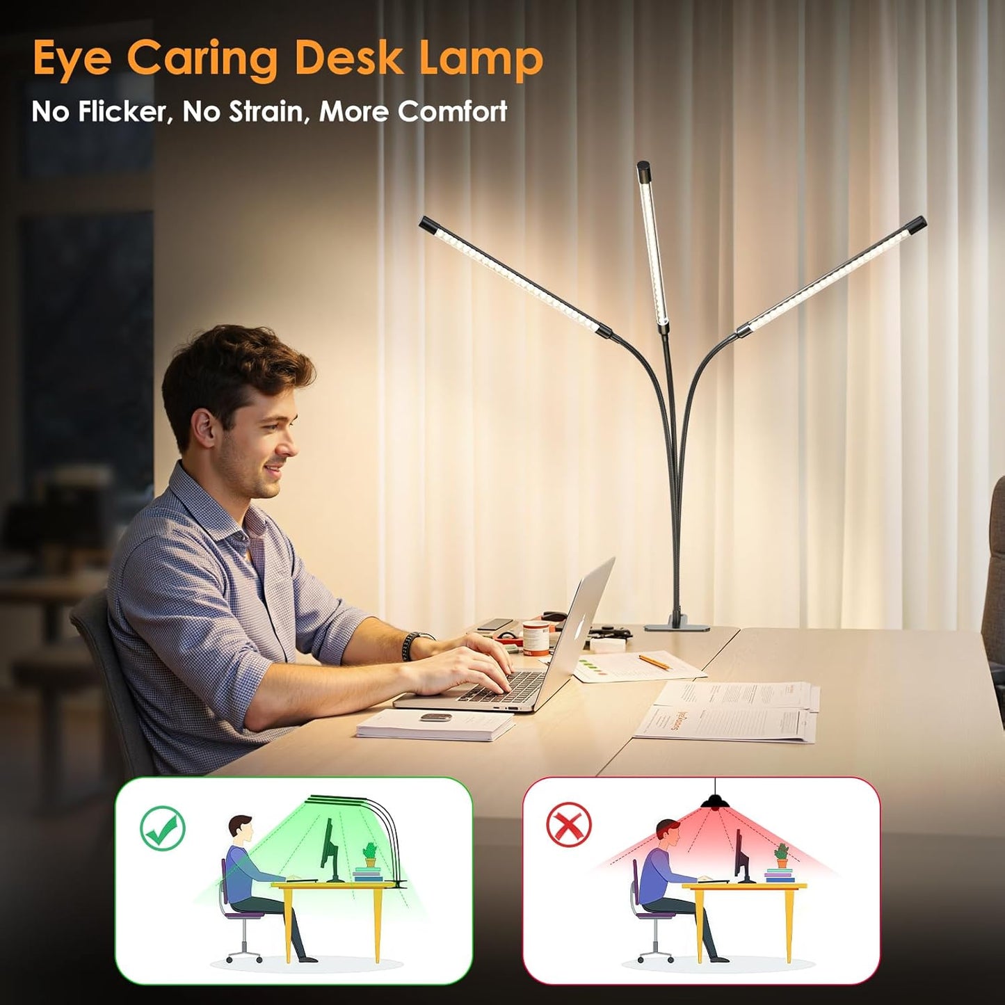 ShineTech LED Desk Lamp with Clamp, 3-Head Ultra-Wide Lighting, 4 Color Modes, Adjustable Gooseneck Task Lamp, Eye-Safe Dimming, Memory & Auto-Off Timer, Desk Light for Home Office, Study, Reading