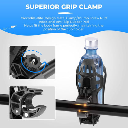KEMIMOTO Motorcycle Cup Holder, ATV Drink Holder with 360 Rotation Crocodile-Bite Clamp, Dirt Bike Bottle Holder Compatible with Hydro Flasks, Yeti, Stanley, Other Bottles Maximum Diameter in 3.5" (1)